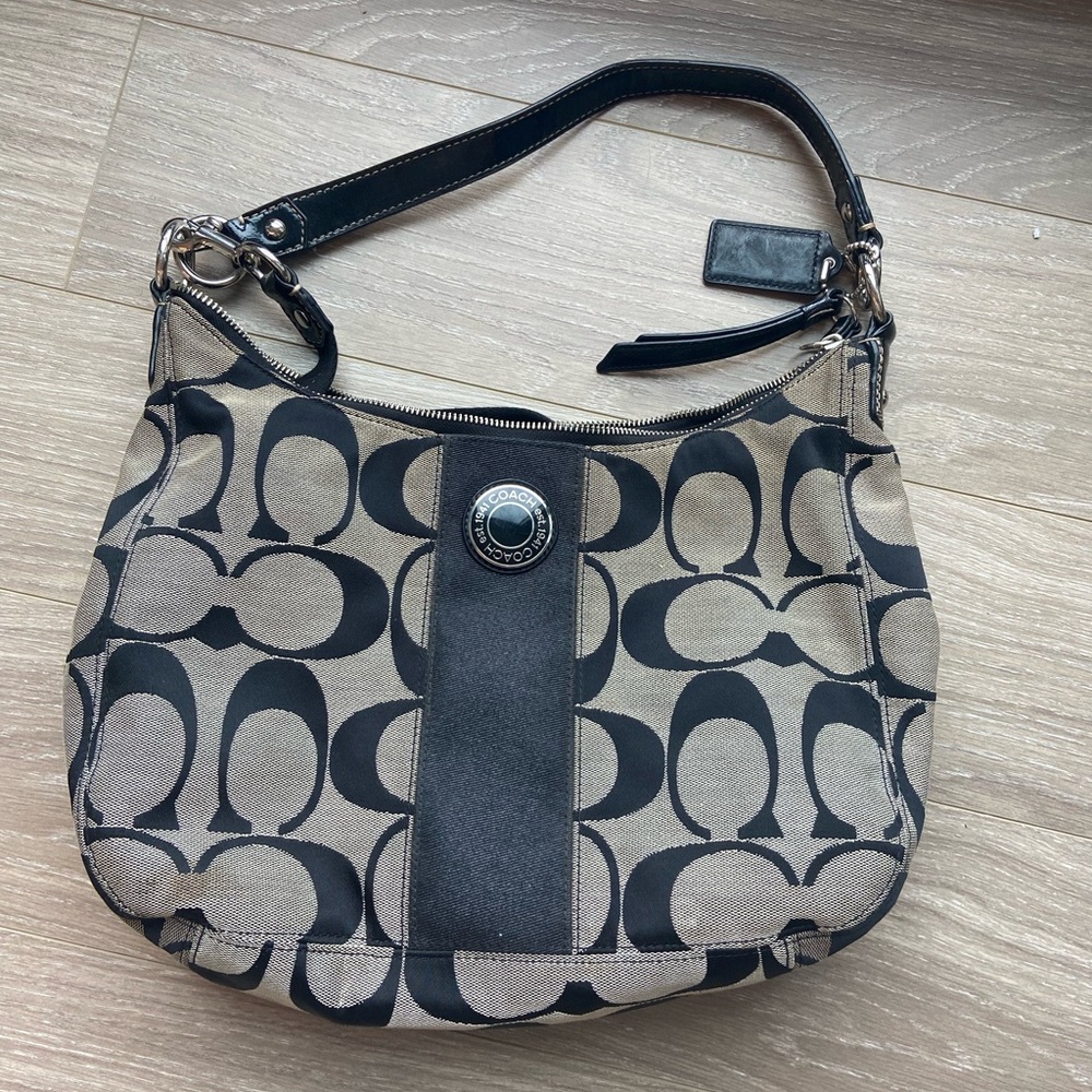 VINTAGE coach signature stripe black logo shoulder hobo bag
